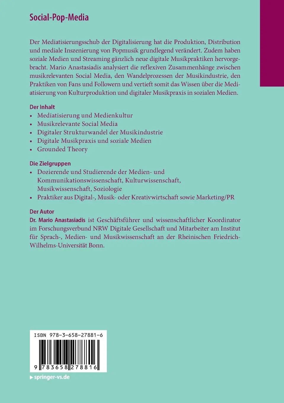 Rückseite: 9783658278816 | Social-Pop-Media | Mario Anastasiadis | Taschenbuch | xi | Deutsch