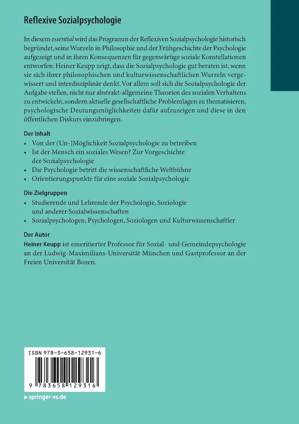 Rückseite: 9783658129316 | Reflexive Sozialpsychologie | Heiner Keupp | Taschenbuch | viii | 2016