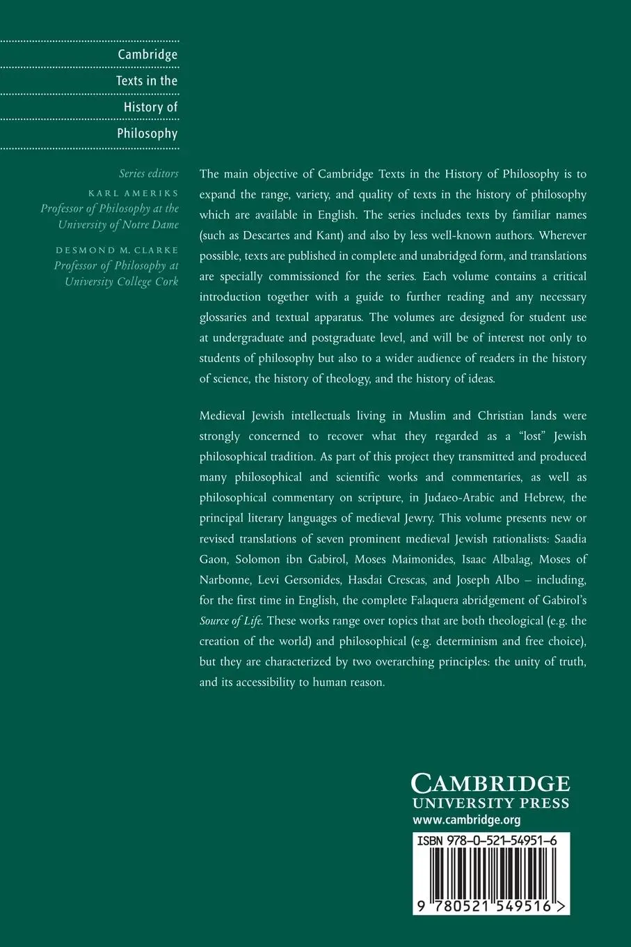Rückseite: 9780521549516 | Medieval Jewish Philosophical Writings | Charles Harry Manekin | Buch