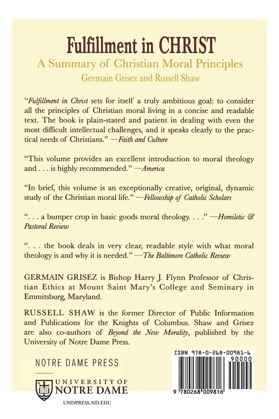 Rückseite: 9780268009816 | Fulfillment in Christ | A Summary of Christian Moral Principles | Buch