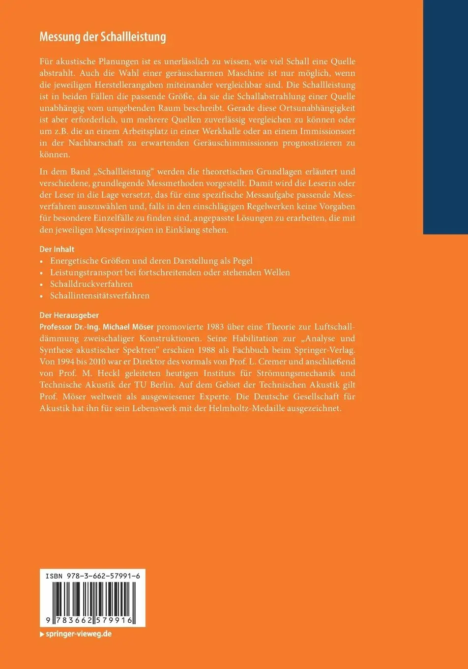 Rückseite: 9783662579916 | Messung der Schallleistung | Michael Möser | Taschenbuch | vii | 2018