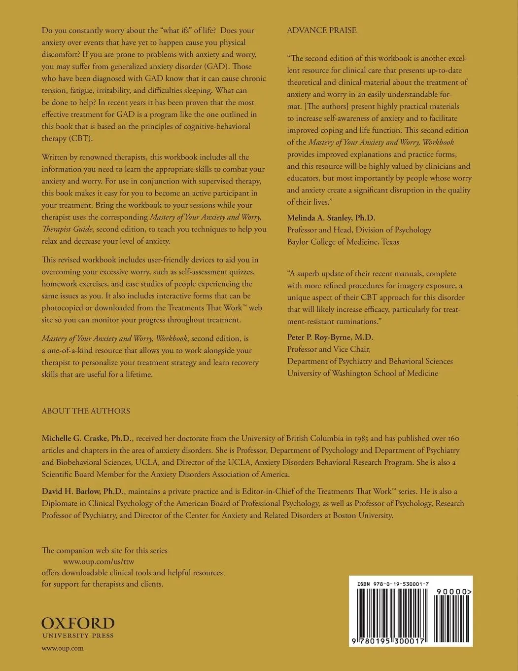 Rückseite: 9780195300017 | Mastery of Your Anxiety and Worry (Workbook) | Craske (u. a.) | Buch