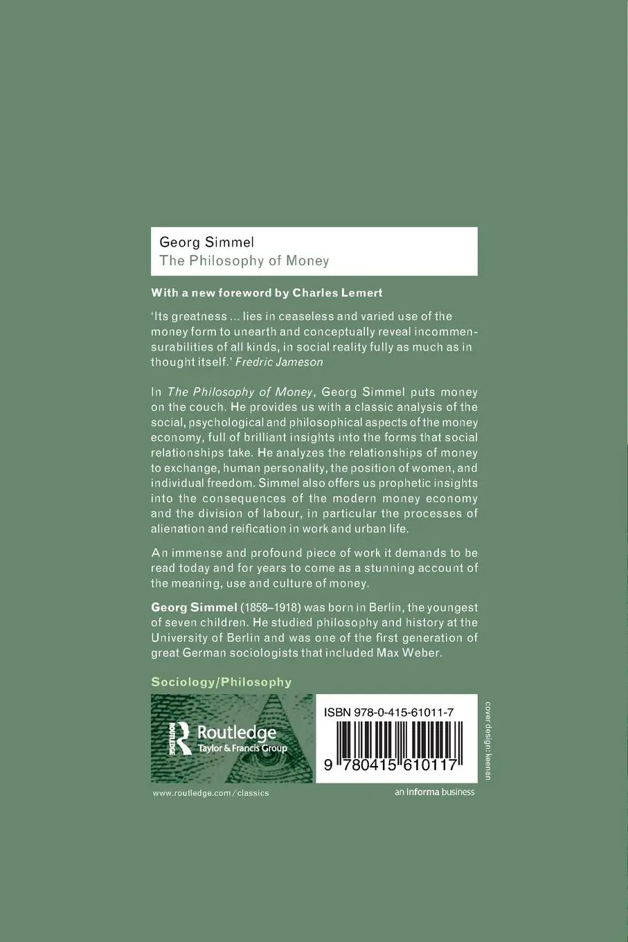 Rückseite: 9780415610117 | The Philosophy of Money | Georg Simmel | Taschenbuch | Englisch | 2011