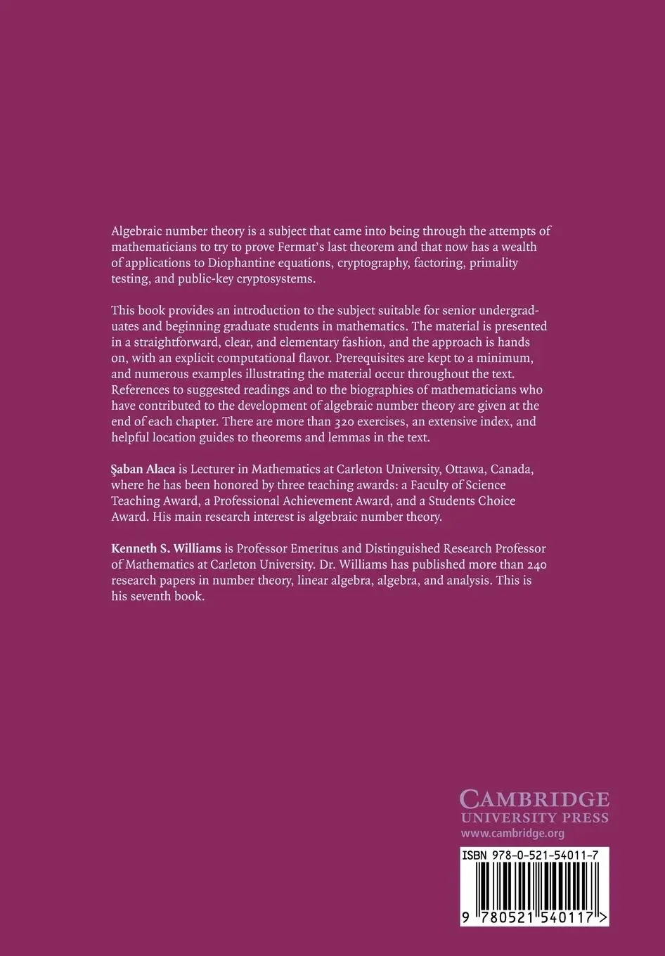 Rückseite: 9780521540117 | Introductory Algebraic Number Theory | Saban Alaca (u. a.) | Buch