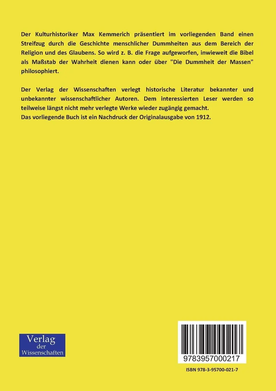 Rückseite: 9783957000217 | Aus der Geschichte der menschlichen Dummheit | Max Kemmerich | Buch