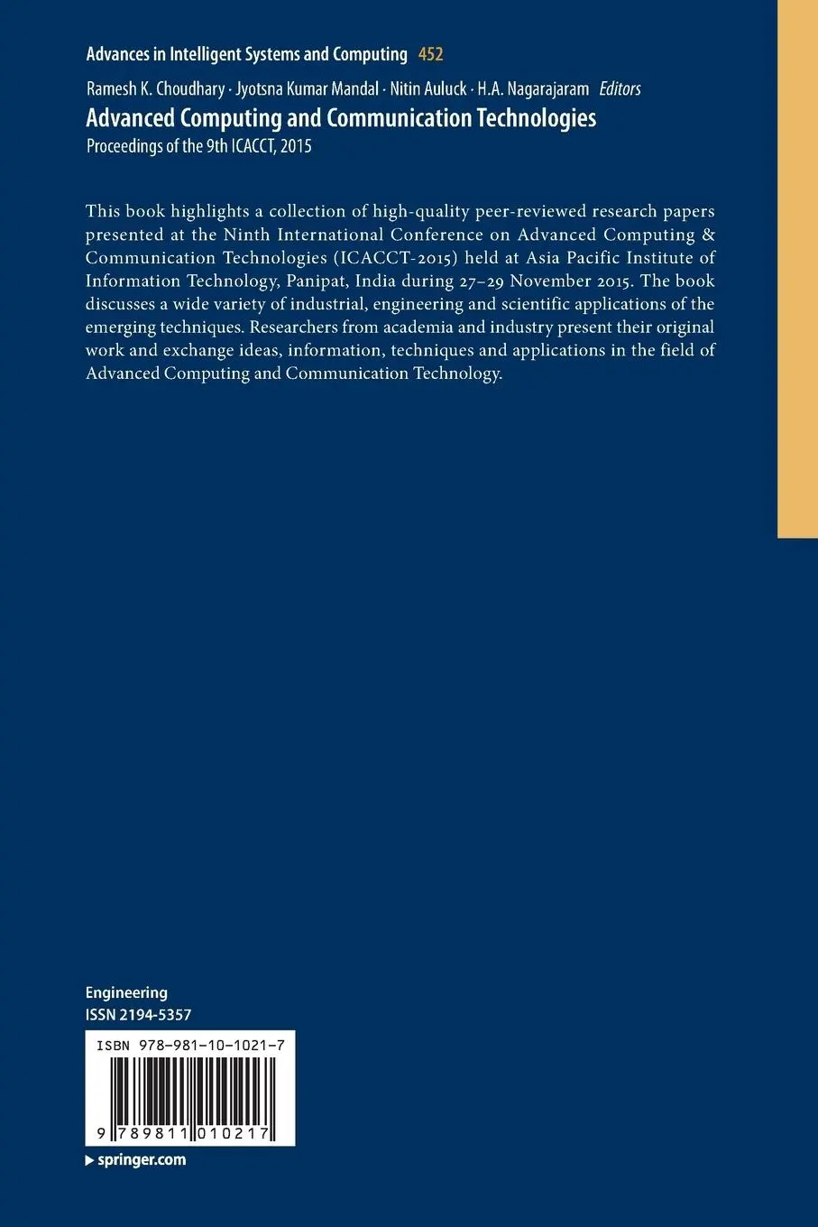 Rückseite: 9789811010217 | Advanced Computing and Communication Technologies | Choudhary (u. a.)