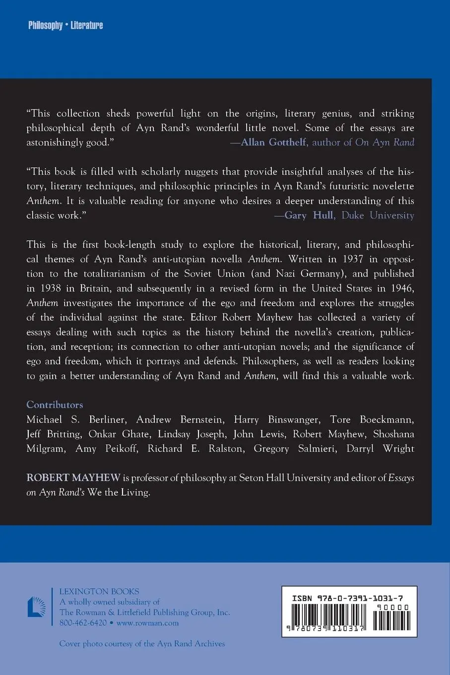 Rückseite: 9780739110317 | Essays on Ayn Rand's Anthem | Robert Mayhew | Taschenbuch | Englisch