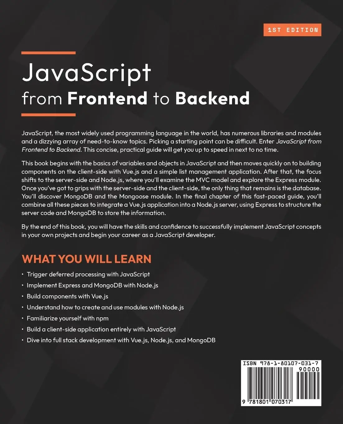 Rückseite: 9781801070317 | JavaScript from Frontend to Backend | Eric Sarrion | Taschenbuch