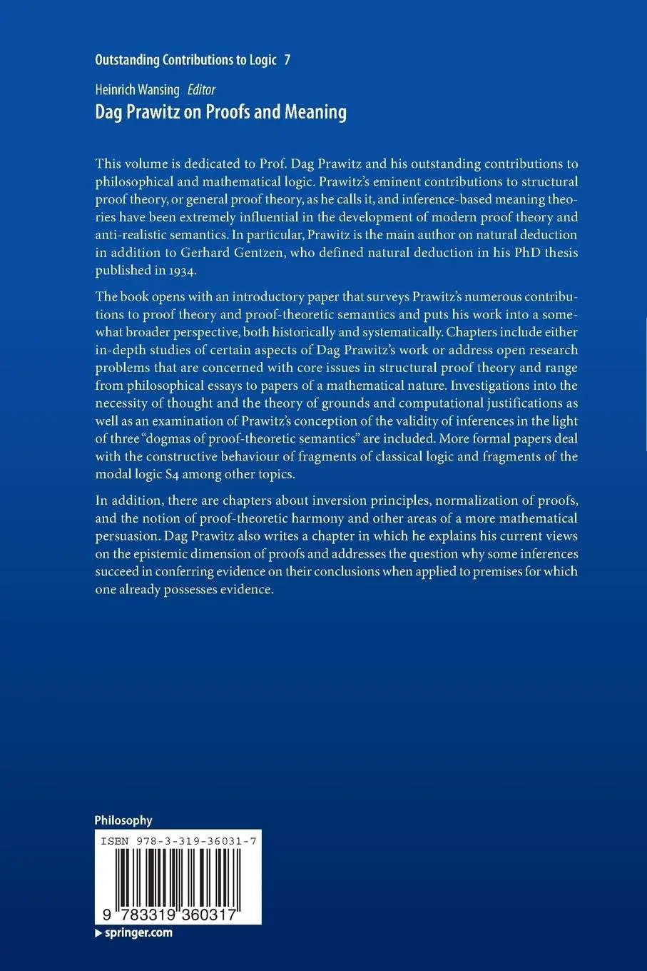 Rückseite: 9783319360317 | Dag Prawitz on Proofs and Meaning | Heinrich Wansing | Taschenbuch