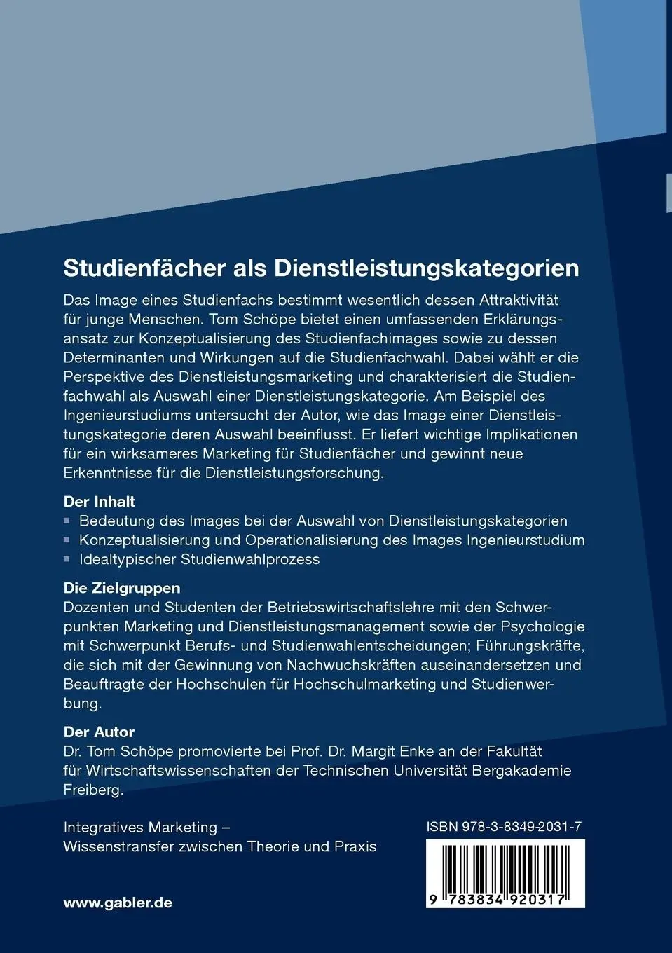 Rückseite: 9783834920317 | Studienfächer als Dienstleistungskategorien | Tom Schöpe | Taschenbuch