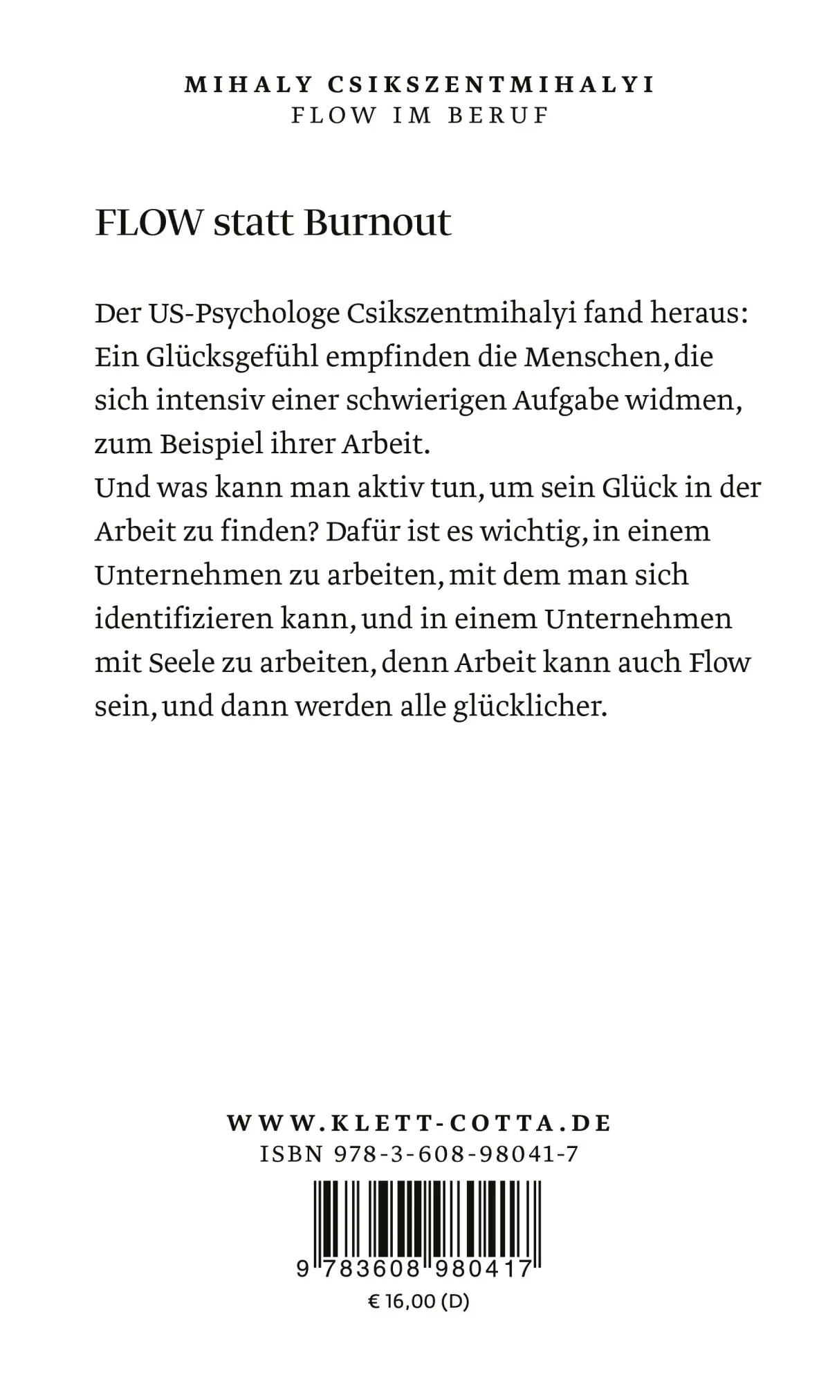 Rückseite: 9783608980417 | Flow im Beruf | Das Geheimnis des Glücks am Arbeitsplatz | Taschenbuch