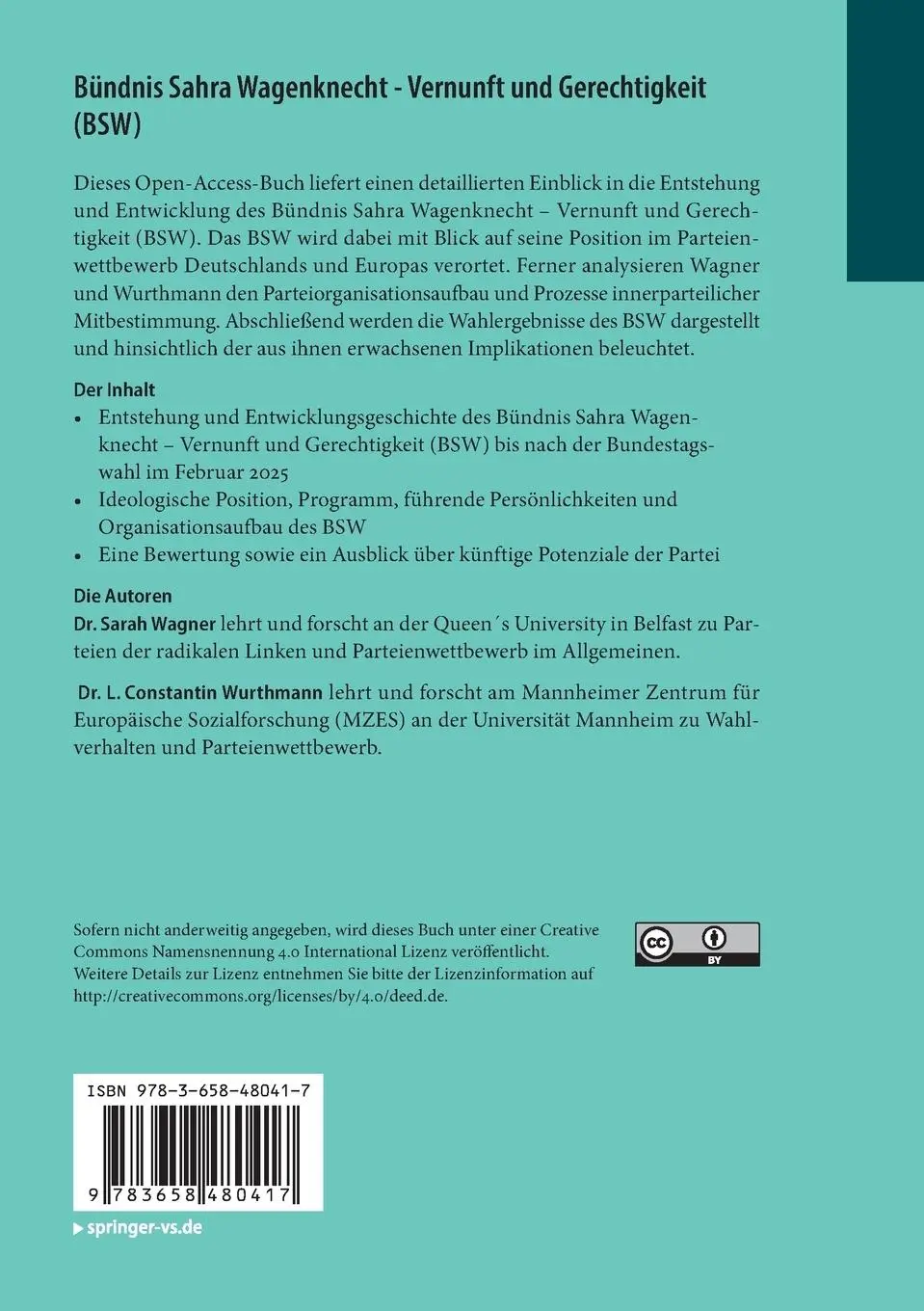 Rückseite: 9783658480417 | Bündnis Sahra Wagenknecht - Vernunft und Gerechtigkeit (BSW) | Buch