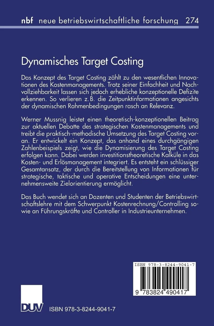 Rückseite: 9783824490417 | Dynamisches Target Costing | Werner Mussnig | Taschenbuch | xviii