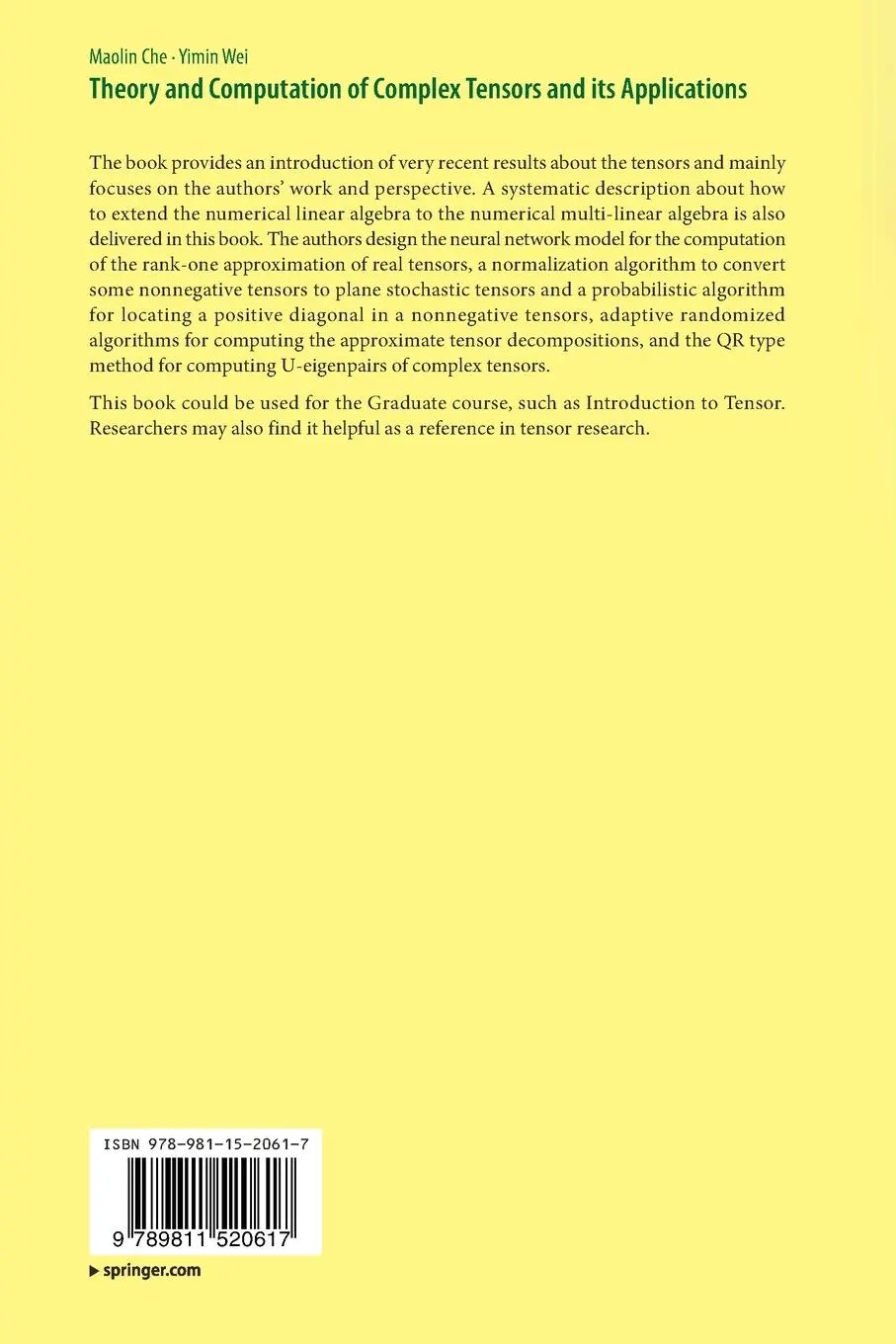 Rückseite: 9789811520617 | Theory and Computation of Complex Tensors and its Applications | Buch