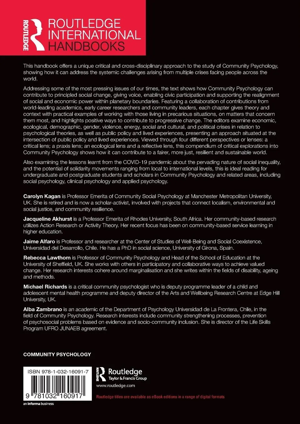 Rückseite: 9781032160917 | The Routledge International Handbook of Community Psychology | Buch