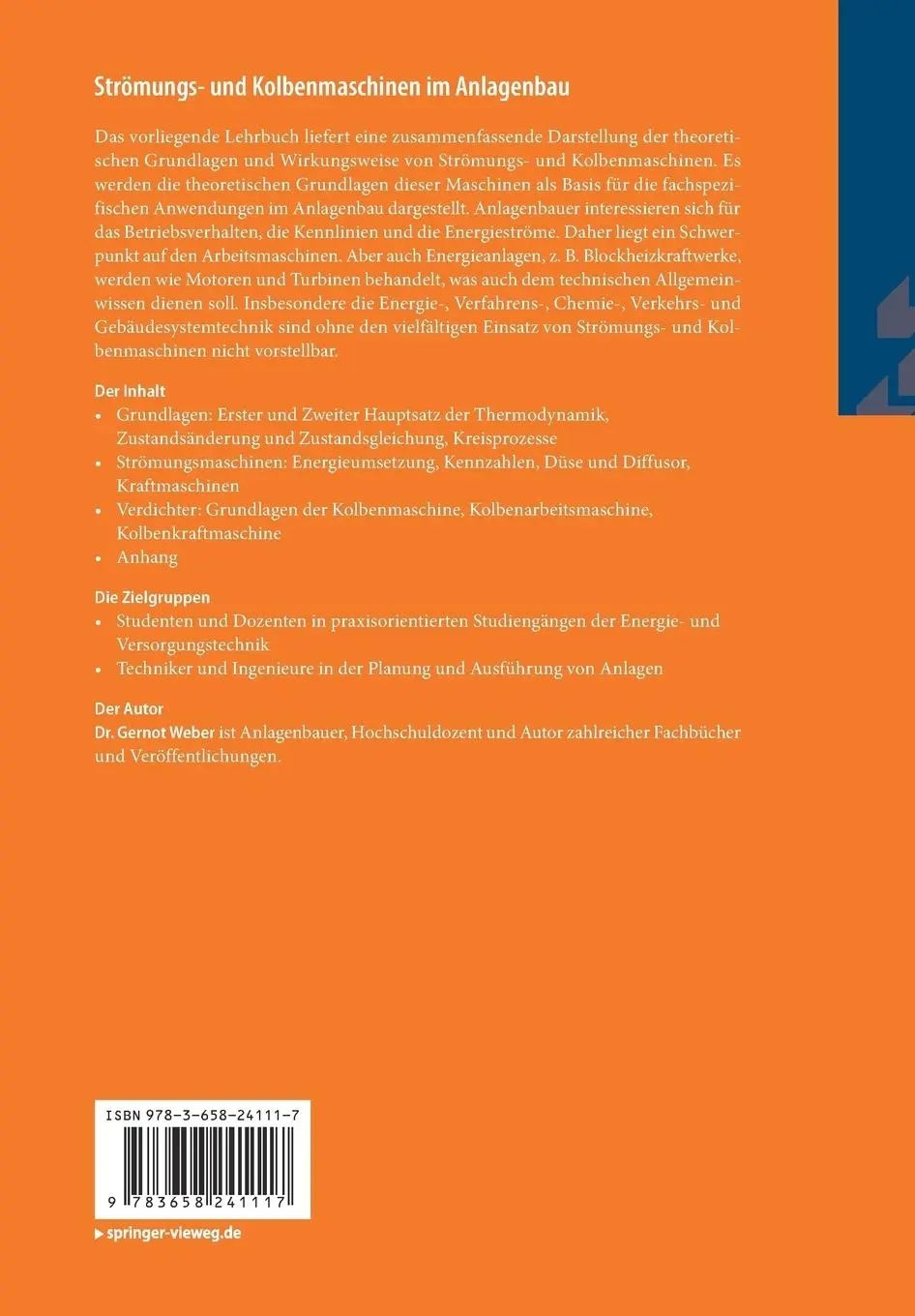 Rückseite: 9783658241117 | Strömungs- und Kolbenmaschinen im Anlagenbau | Gernot Weber | Buch
