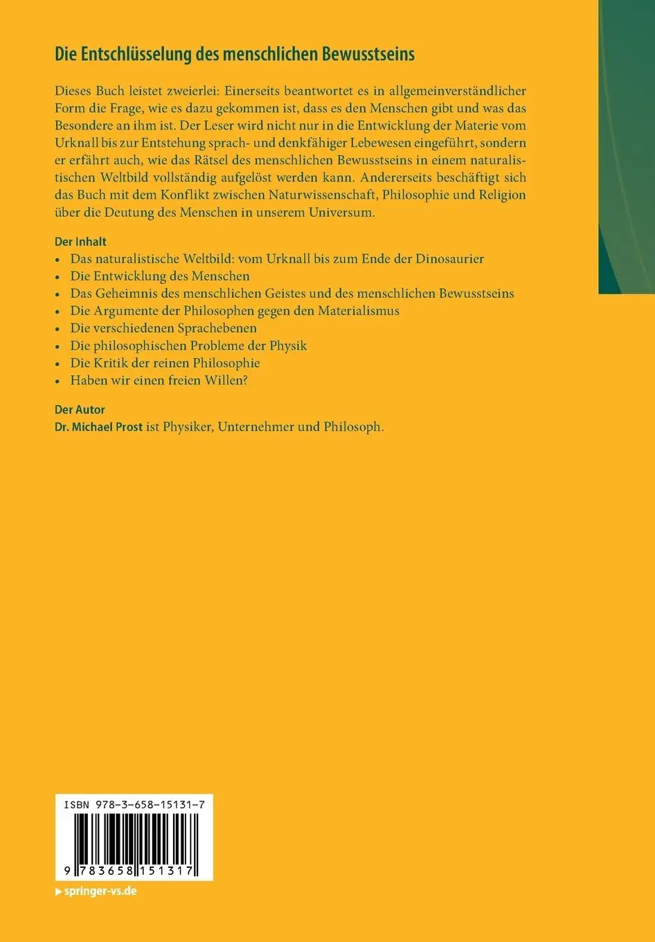 Rückseite: 9783658151317 | Die Entschlüsselung des menschlichen Bewusstseins | Michael Prost
