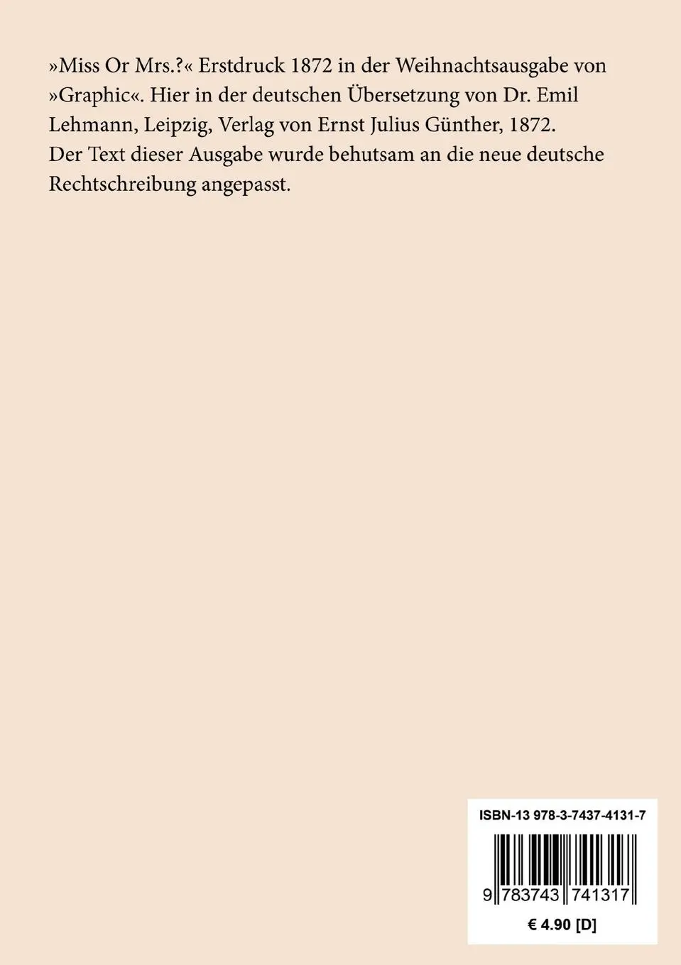 Rückseite: 9783743741317 | Fräulein oder Frau? | Wilkie Collins | Taschenbuch | Paperback | 92 S.