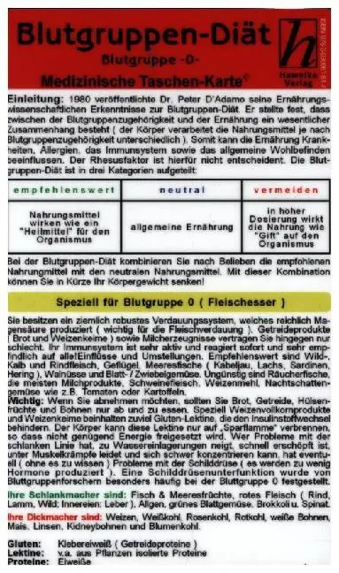 Cover: 9783939081517 | Blutgruppen-Diät - Blutgruppe 0 - Medizinische Taschen-Karte | Verlag