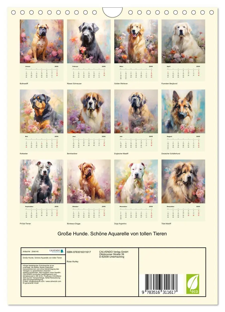 Bild: 9783516311617 | Große Hunde. Schöne Aquarelle von tollen Tieren (Wandkalender 2026...