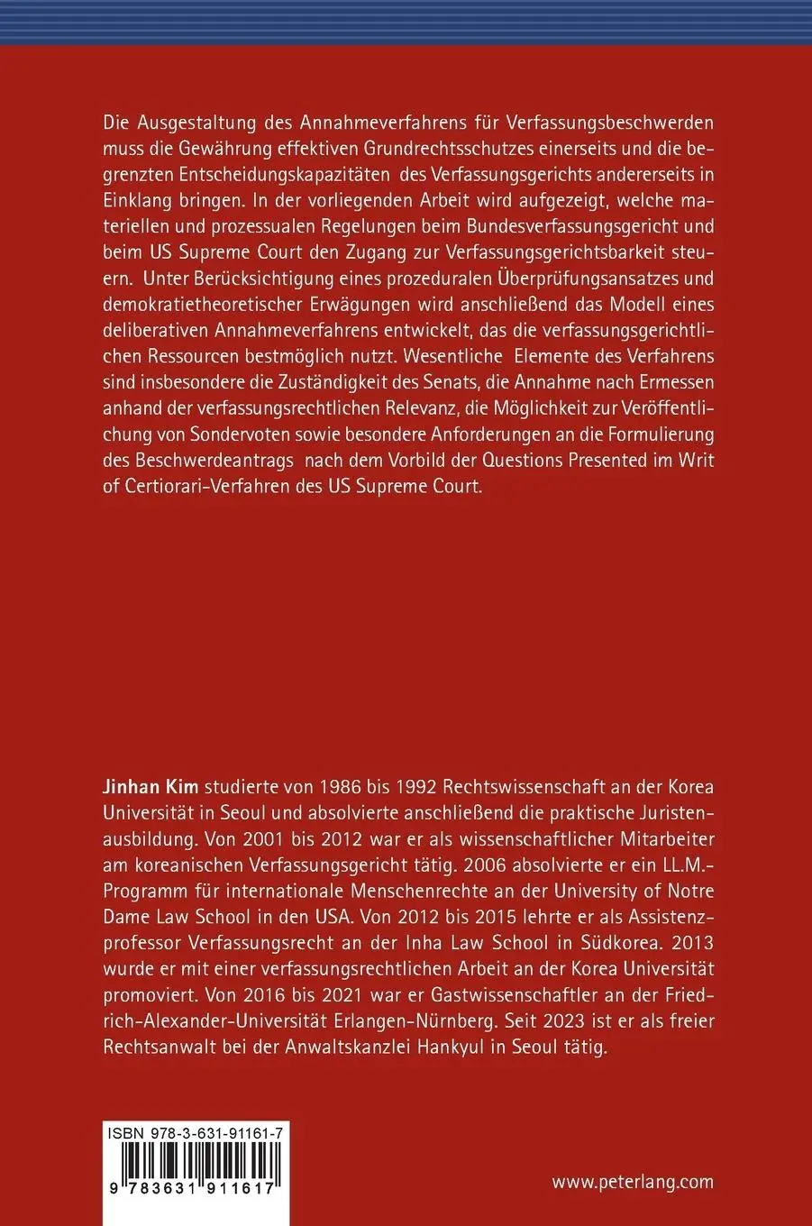 Rückseite: 9783631911617 | Das Annahmeverfahren für Verfassungsbeschwerden | Jinhan Kim | Buch