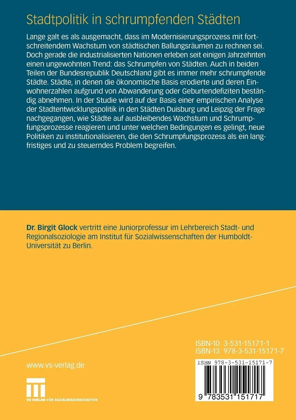 Rückseite: 9783531151717 | Stadtpolitik in schrumpfenden Städten | Birgit Glock | Taschenbuch