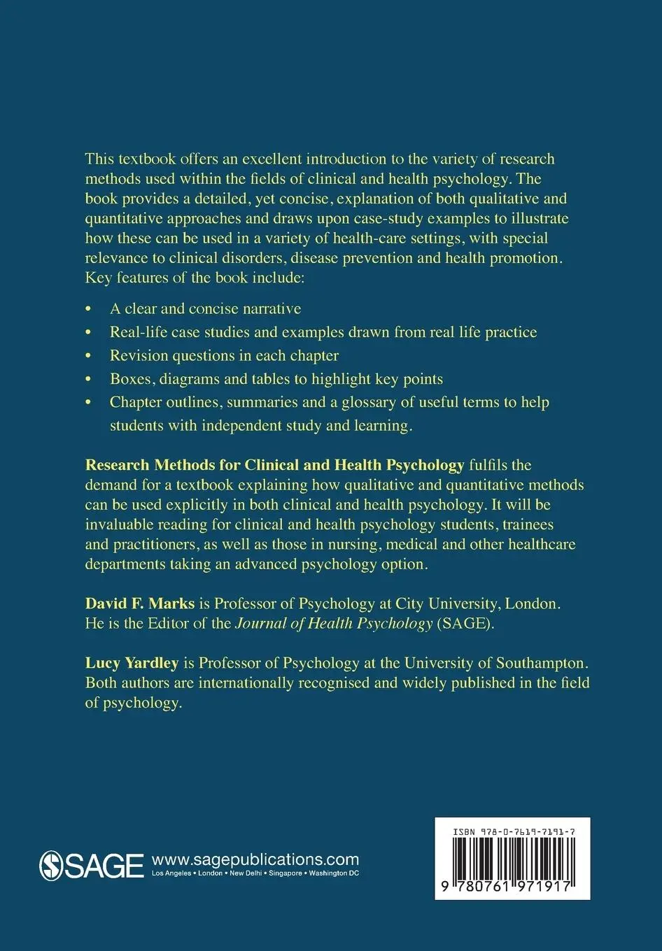 Rückseite: 9780761971917 | Research Methods for Clinical and Health Psychology | Marks (u. a.)
