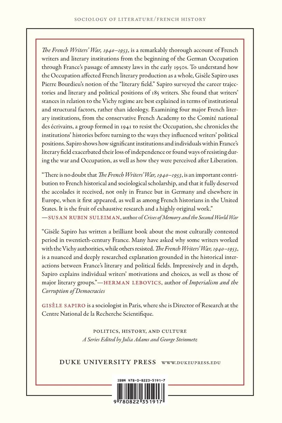 Rückseite: 9780822351917 | The French Writers' War, 1940-1953 | Gisèle Sapiro | Taschenbuch