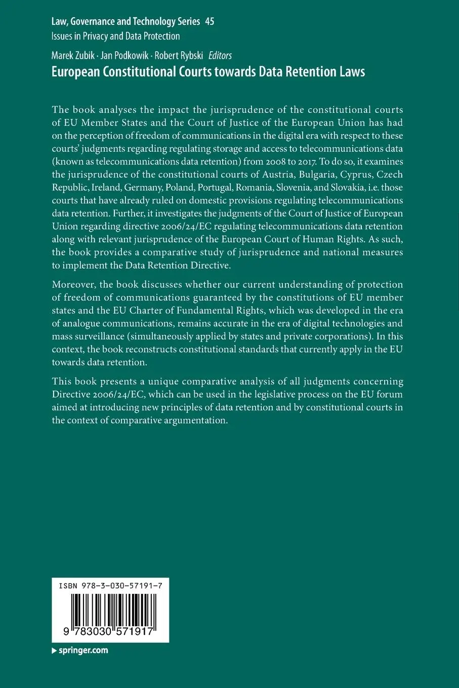 Rückseite: 9783030571917 | European Constitutional Courts towards Data Retention Laws | Buch | x