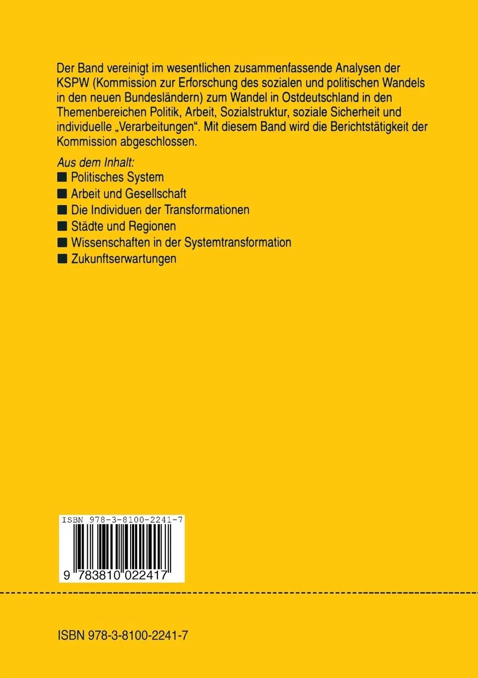 Rückseite: 9783810022417 | Die Transformation Ostdeutschlands | Hans Bertram (u. a.) | Buch