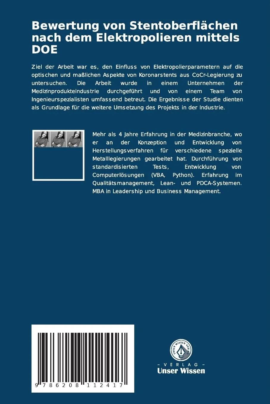 Rückseite: 9786208112417 | Bewertung von Stentoberflächen nach dem Elektropolieren mittels DOE