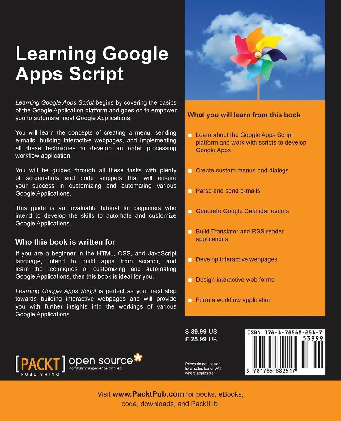 Rückseite: 9781785882517 | Learning Google Apps Script | Ramalingam Ganapathy | Taschenbuch