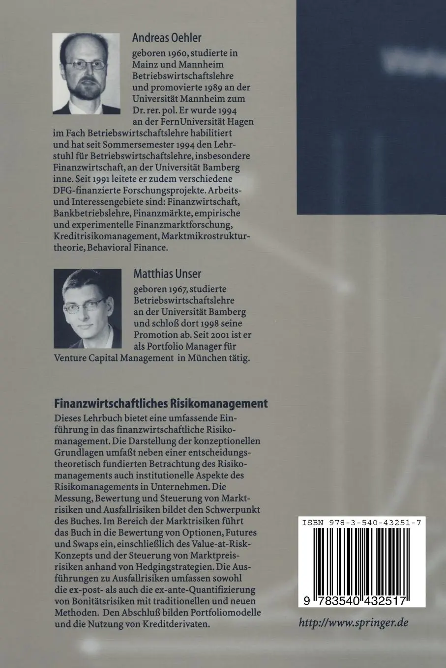 Rückseite: 9783540432517 | Finanzwirtschaftliches Risikomanagement | Matthias Unser (u. a.) | xvi