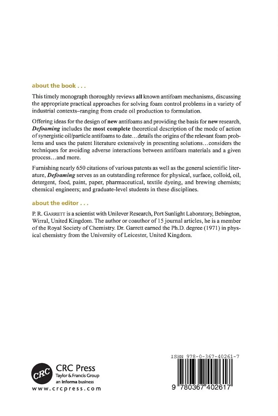 Rückseite: 9780367402617 | Defoaming | Theory and Industrial Applications | P R Garrett | Buch