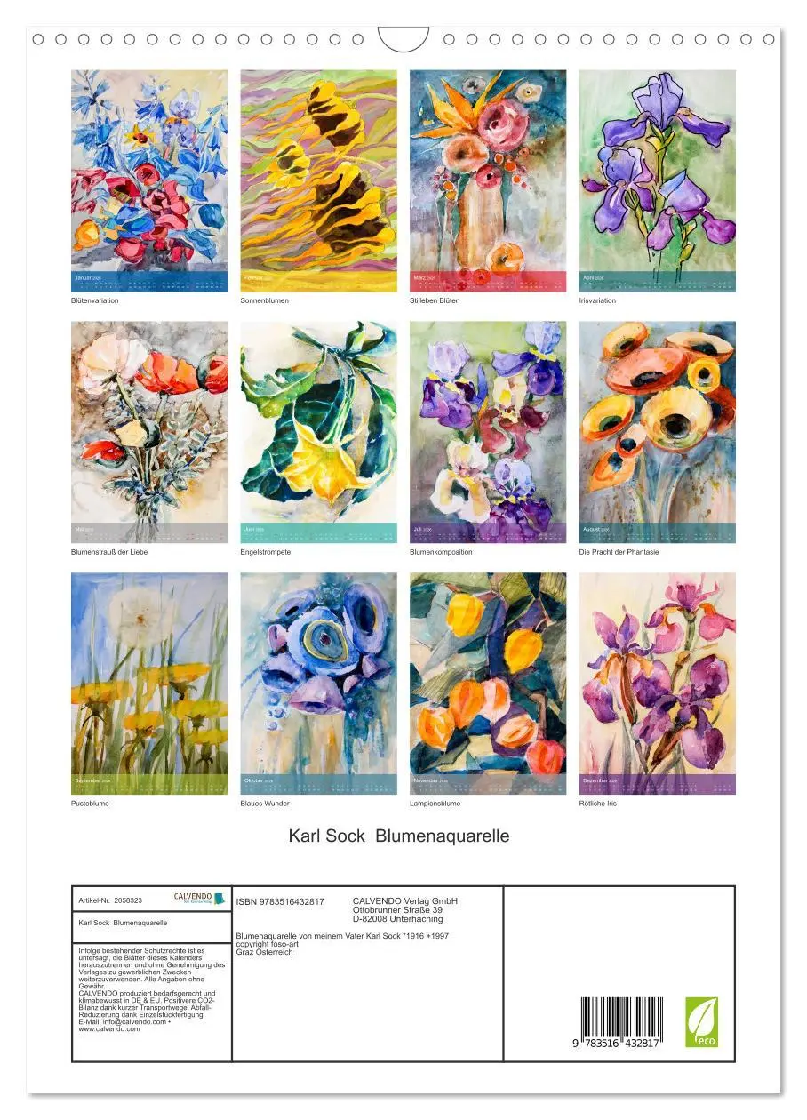 Bild: 9783516432817 | Karl Sock Blumenaquarelle (Wandkalender 2026 DIN A3 hoch), CALVENDO...