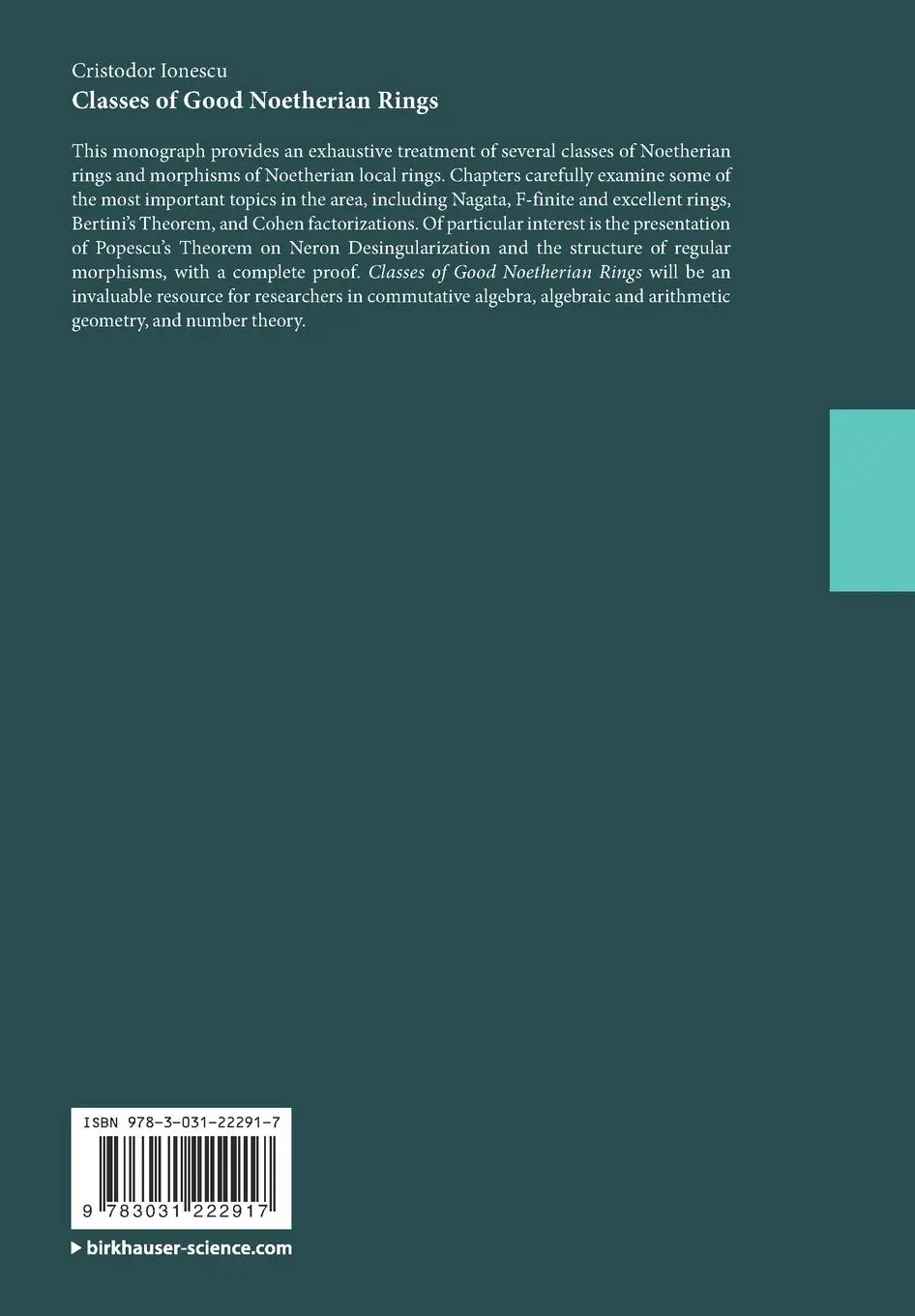 Rückseite: 9783031222917 | Classes of Good Noetherian Rings | Cristodor Ionescu | Taschenbuch