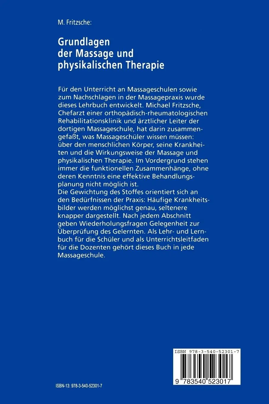 Rückseite: 9783540523017 | Grundlagen der Massage und physikalischen Therapie | Michael Fritzsche