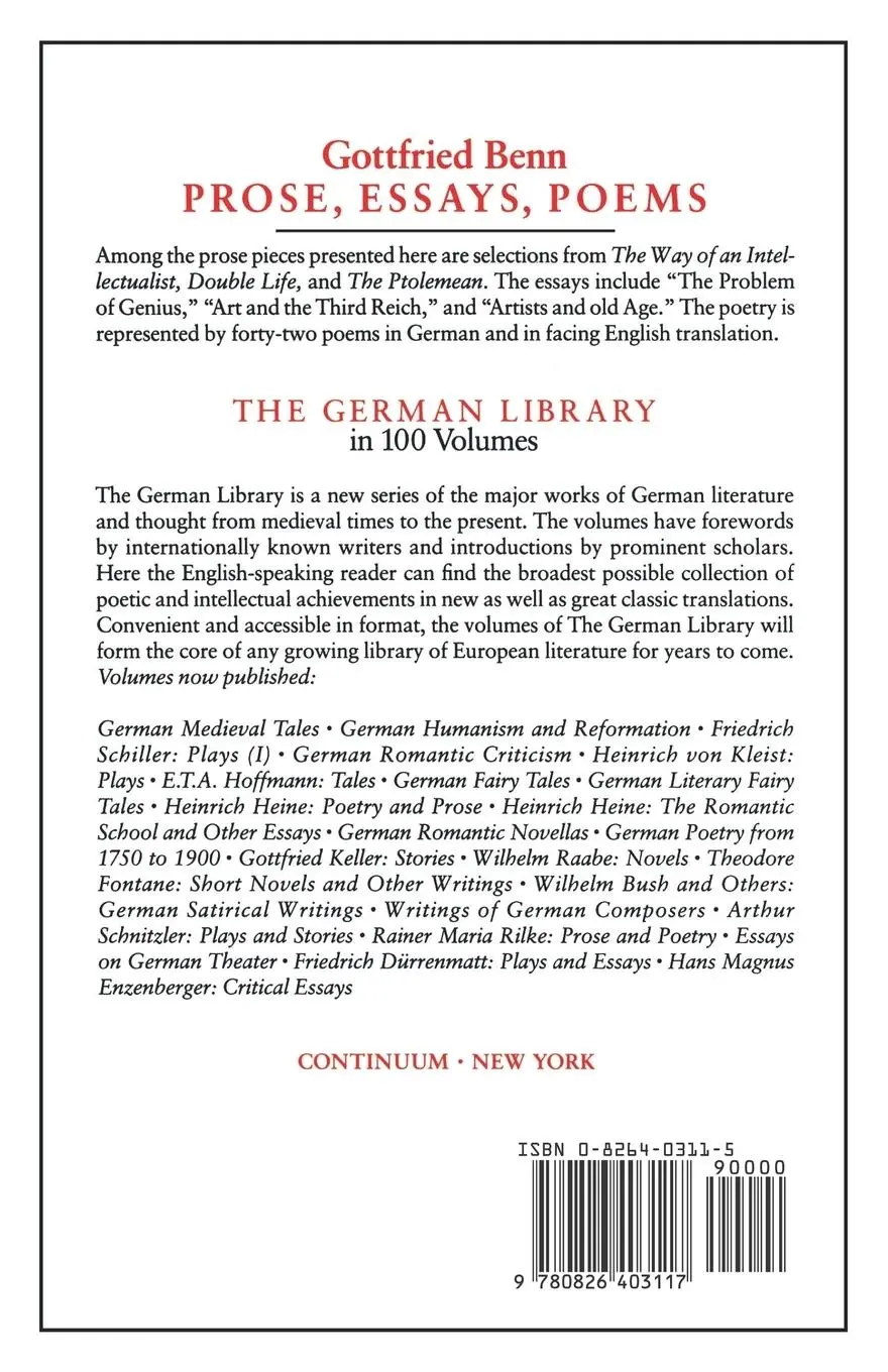 Rückseite: 9780826403117 | Prose Essays Poems | Gottfried Benn | Gottfried Benn (u. a.) | Buch