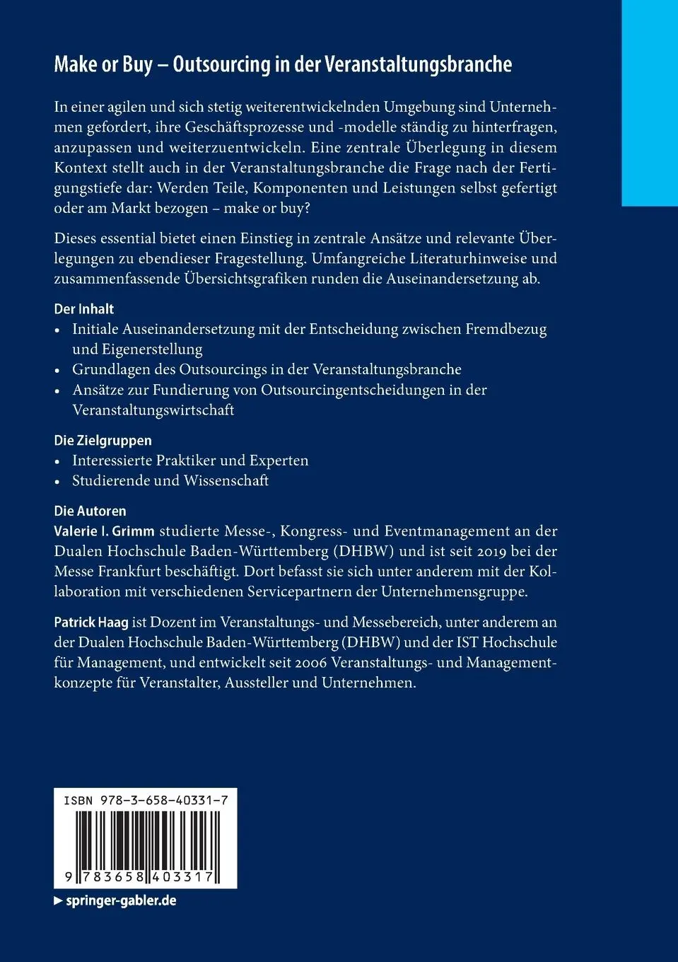 Rückseite: 9783658403317 | Make or Buy - Outsourcing in der Veranstaltungsbranche | Haag (u. a.)