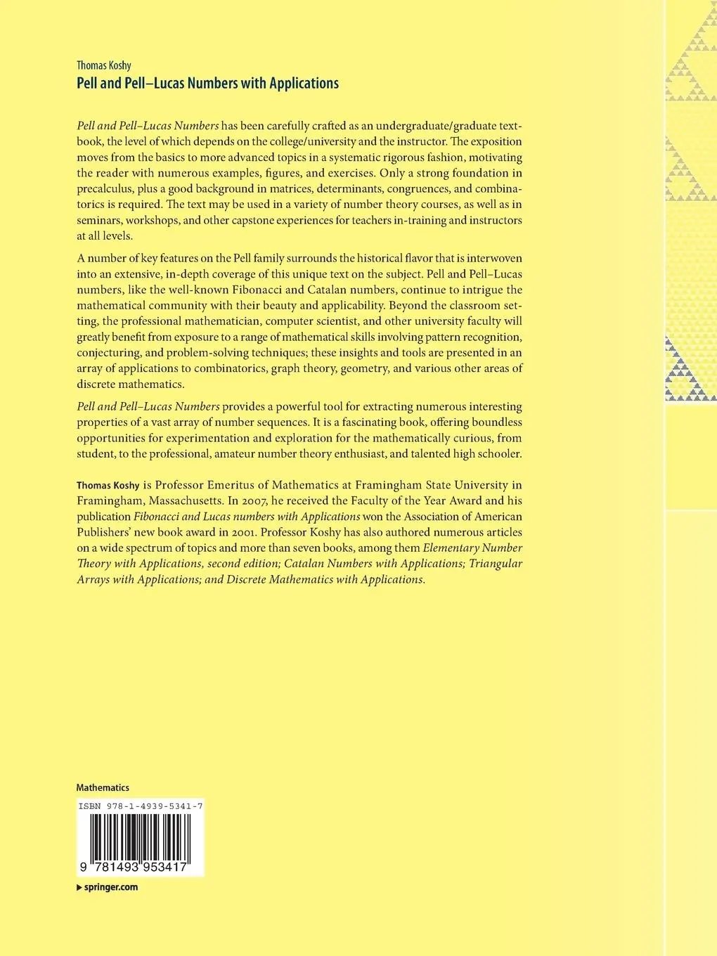 Rückseite: 9781493953417 | Pell and Pell¿Lucas Numbers with Applications | Thomas Koshy | Buch