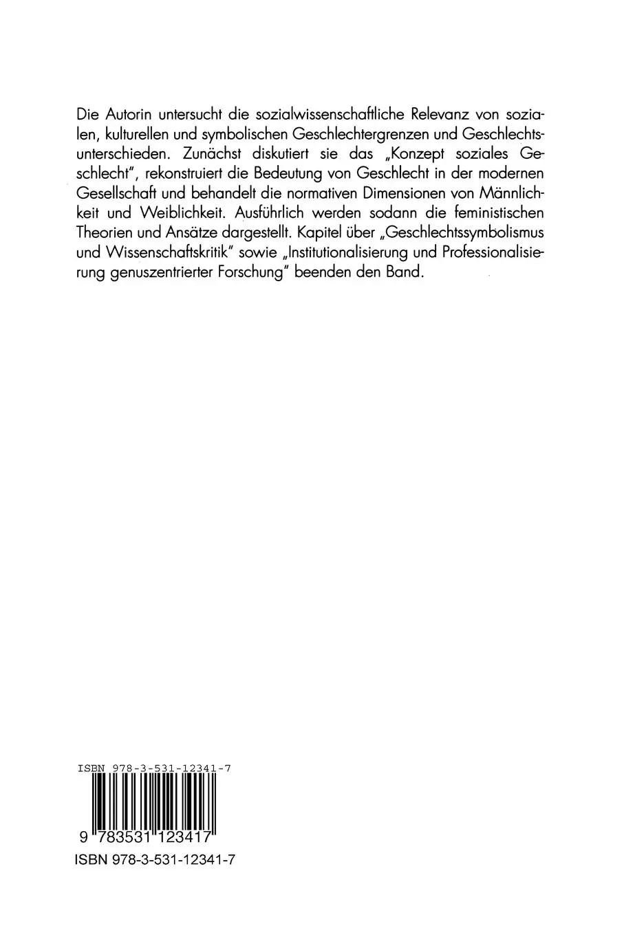 Rückseite: 9783531123417 | Soziales Geschlecht | Agnes Dietzen | Taschenbuch | 185 S. | Deutsch