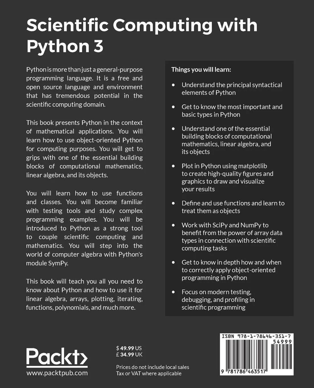 Rückseite: 9781786463517 | Scientific Computing with Python 3 | Claus Führer (u. a.) | Buch