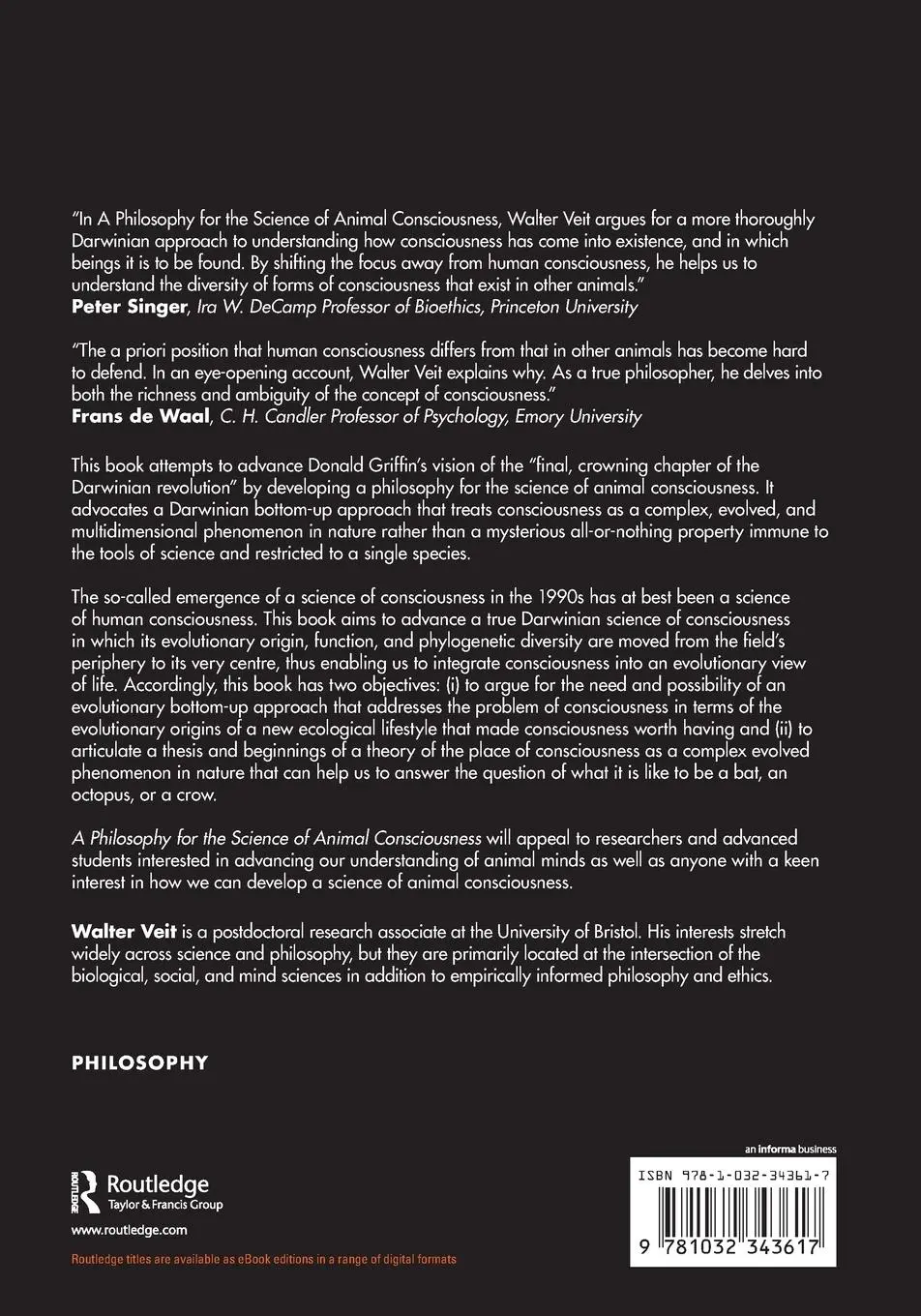 Rückseite: 9781032343617 | A Philosophy for the Science of Animal Consciousness | Walter Veit