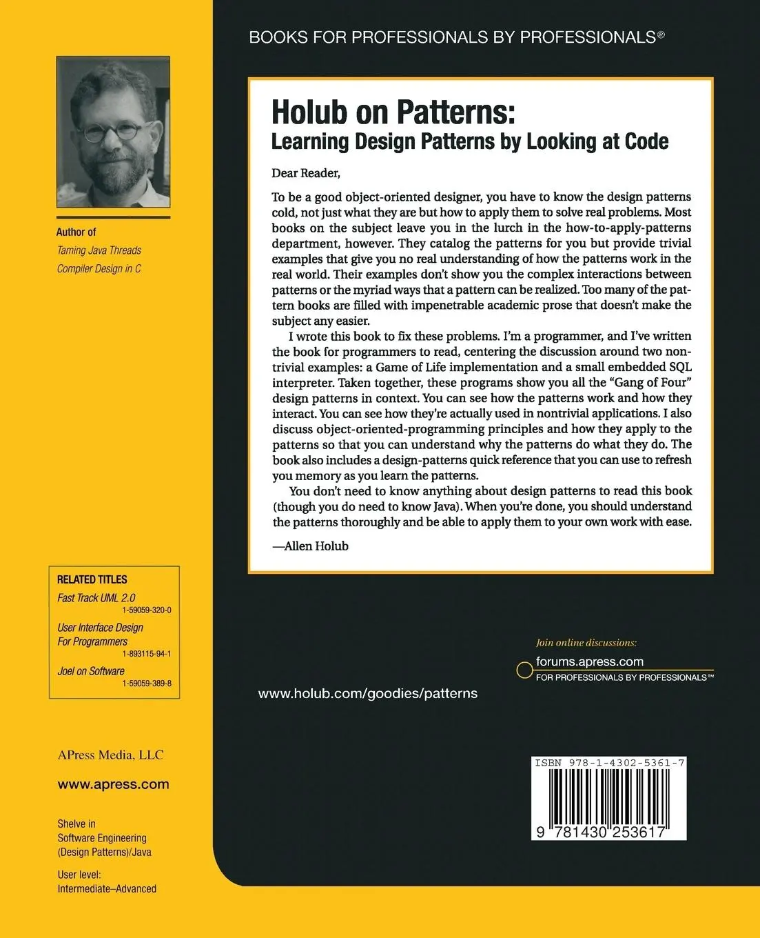 Rückseite: 9781430253617 | Holub on Patterns | Learning Design Patterns by Looking at Code | Buch