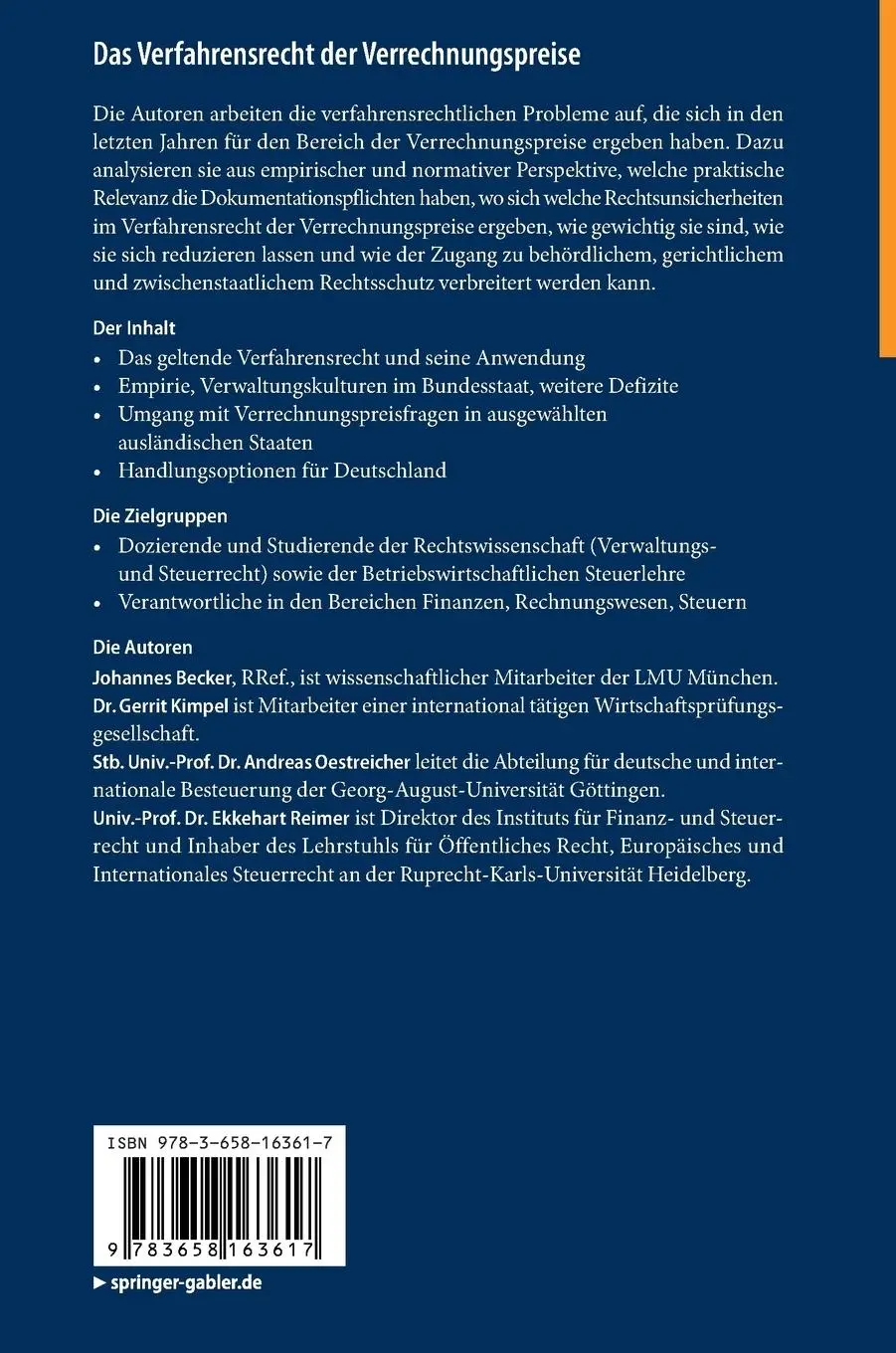 Rückseite: 9783658163617 | Das Verfahrensrecht der Verrechnungspreise | Johannes Becker (u. a.)