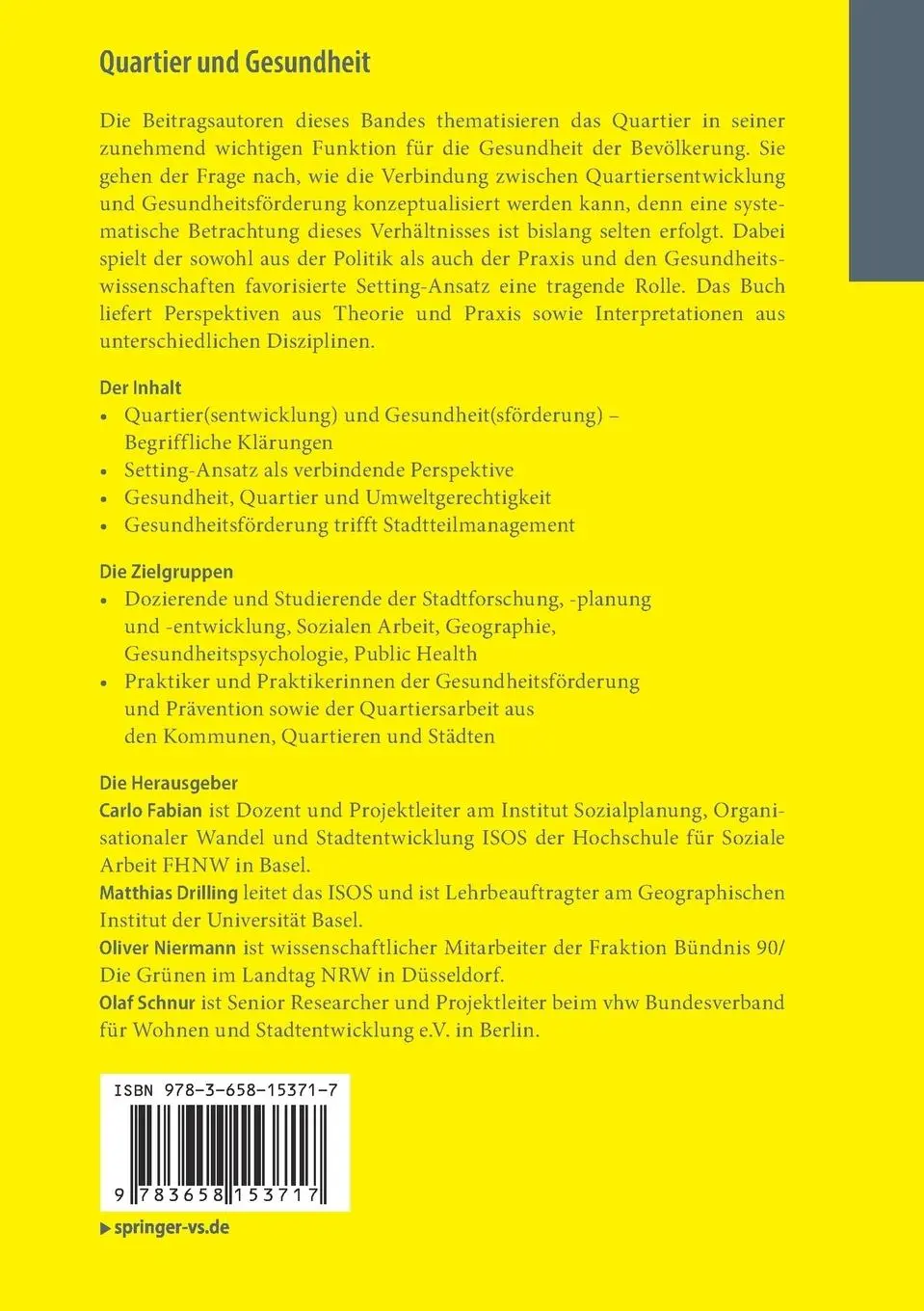 Rückseite: 9783658153717 | Quartier und Gesundheit | Carlo Fabian (u. a.) | Taschenbuch | viii
