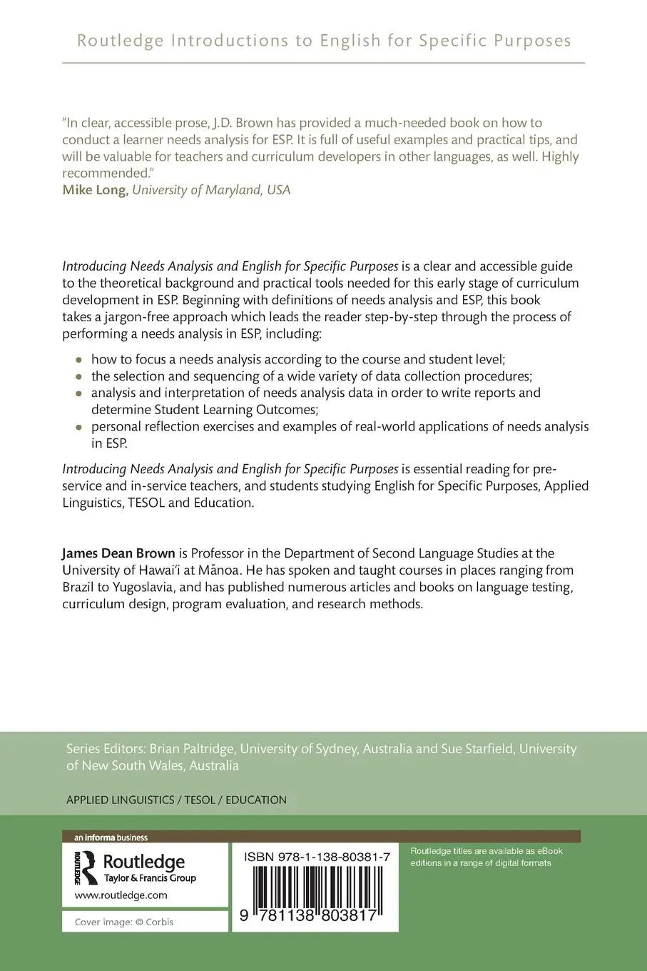 Rückseite: 9781138803817 | Introducing Needs Analysis and English for Specific Purposes | Brown