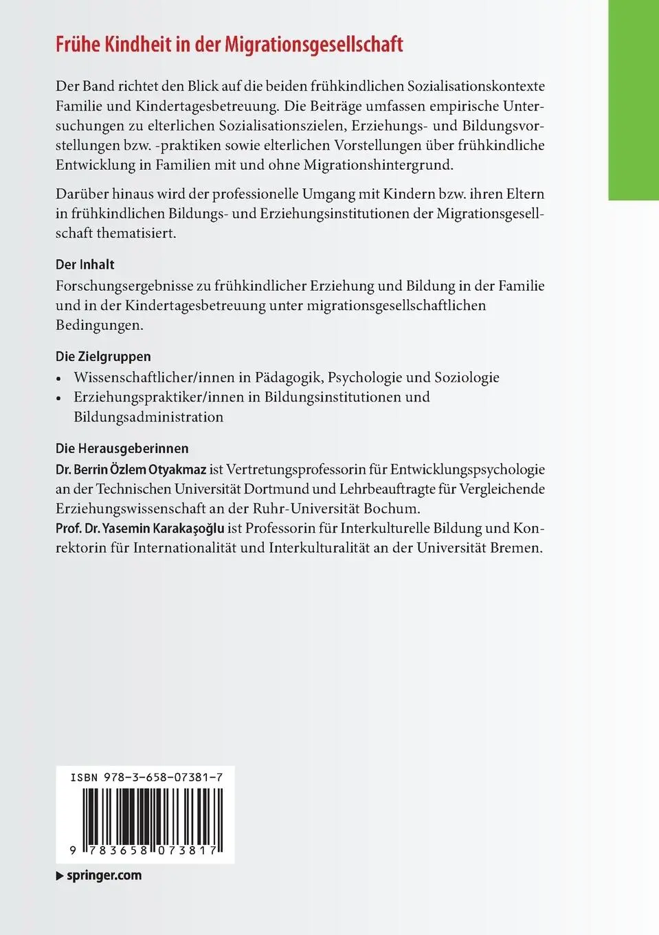 Rückseite: 9783658073817 | Frühe Kindheit in der Migrationsgesellschaft | Karaka¿o¿lu (u. a.)