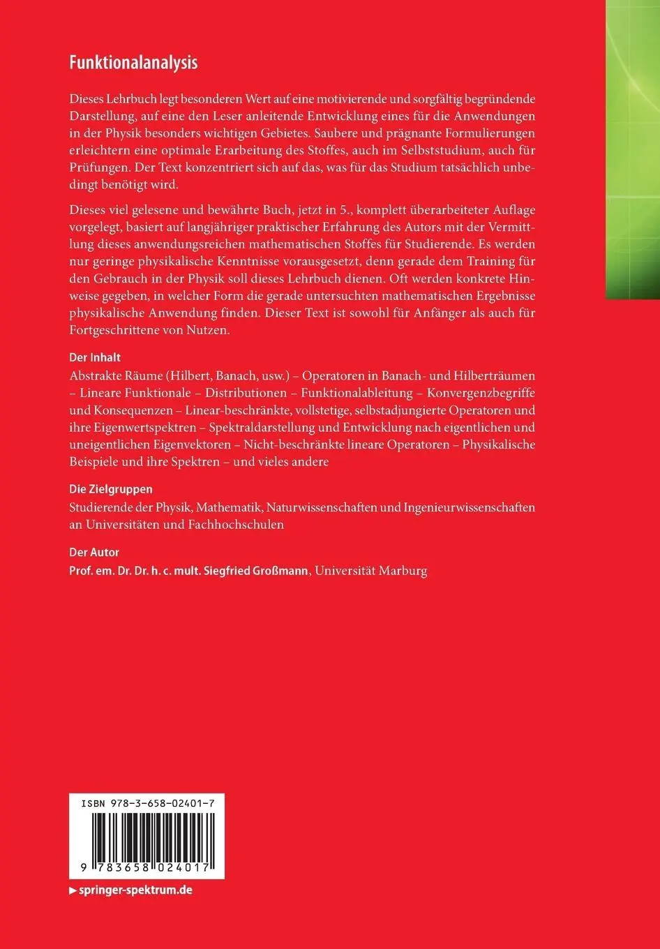 Rückseite: 9783658024017 | Funktionalanalysis | im Hinblick auf Anwendungen in der Physik | Buch