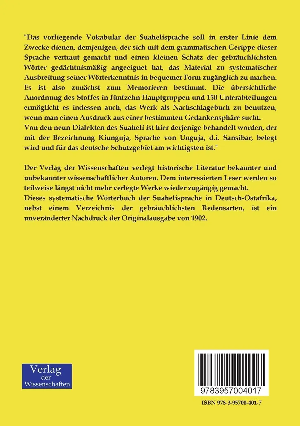 Rückseite: 9783957004017 | Systematisches Wörterbuch der Suahilisprache in Deutsch-Ostafrika